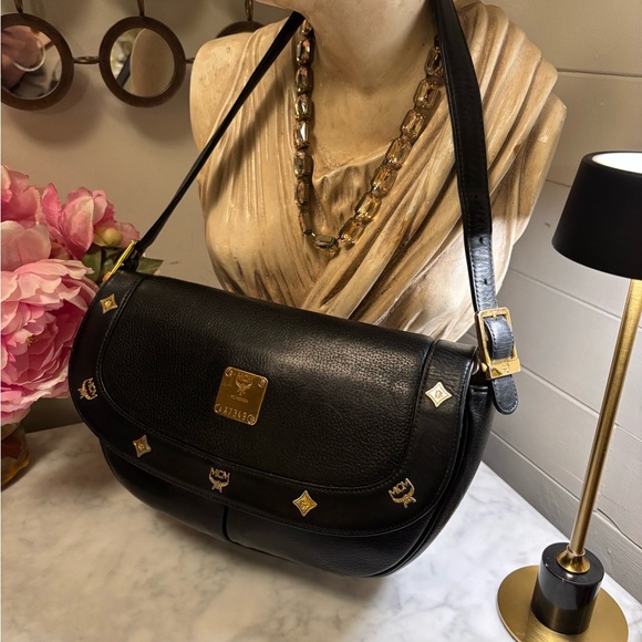 EUC MCM Black and Gold Charm Saddle Bag GORGEOUS made in Germany